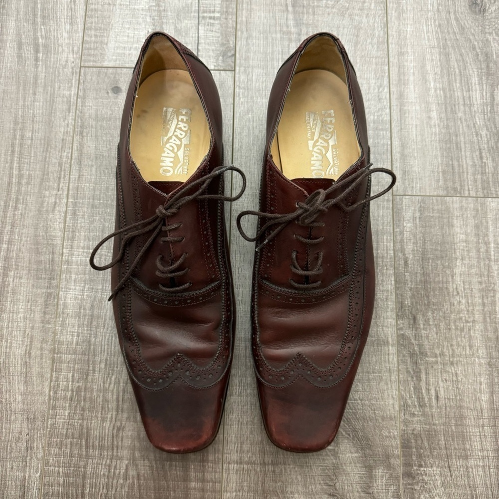 Salvatore Ferragamo Brown Wing Tip Square Toe Lace Up Dress Shoes Size 11 - Picture 3 of 7